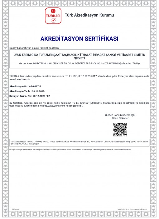 Ufuk Tarım Laboratuvar Akreditasyon Sertifikası