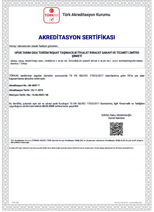 Ufuk Tarım Laboratuvar Akreditasyon Sertifikası
